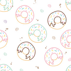 Playful seamless outline pattern featuring colorful donuts with sprinkles and decorative swirls on white. Great for kids products, textiles, packaging and cheerful designs