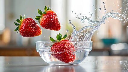 Fresh Strawberries Splashing into a Glass Bowl of Water in a Dynamic Action Shot, with Two Additional Berries Hovering in Mid-Air in a Modern Kitchen Setting