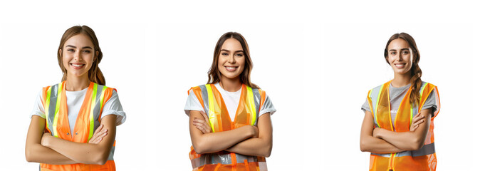 Three women in orange safety vests standing with arms crossed against a transparent background