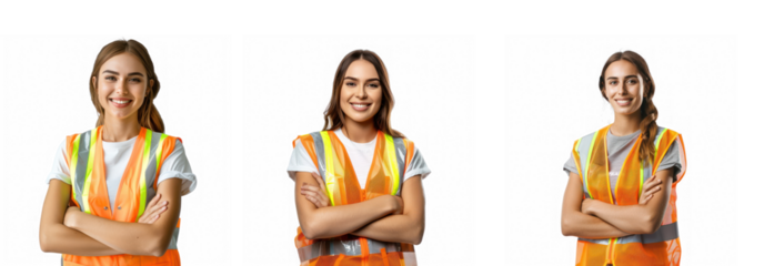 Three women in orange safety vests standing with arms crossed against a transparent background