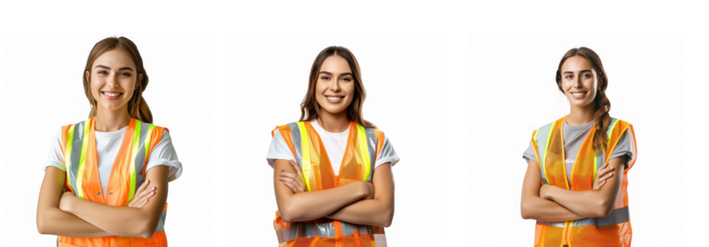 Three women in orange safety vests standing with arms crossed against a transparent background