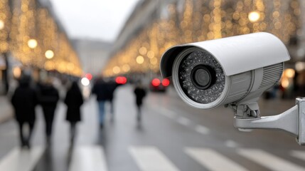 Surveillance Camera Overlooking Busy Urban Street with Blurred Pedestrians