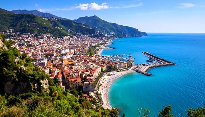 Panoramic coastal city view, sunny day