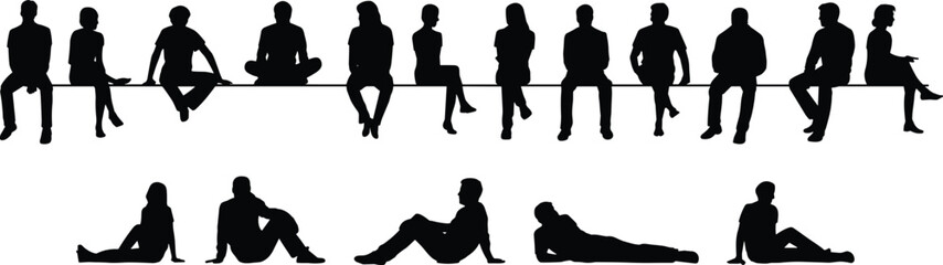 People sitting and relaxing, group silhouette collection, casual poses of men and women, side view vector scene, flat vector illustration