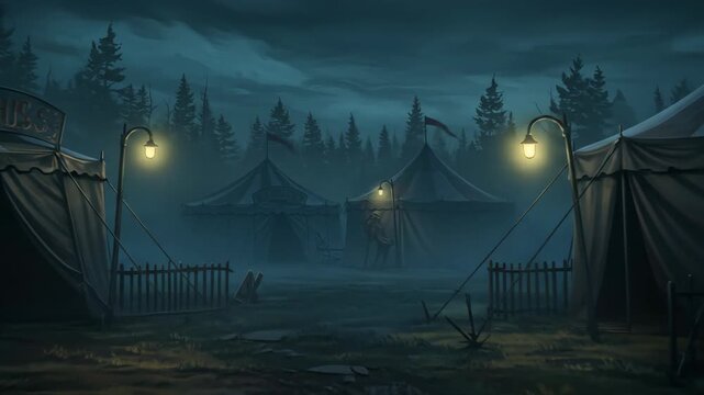 Eerie circus tents in a misty forest at night, creating a mysterious scene.