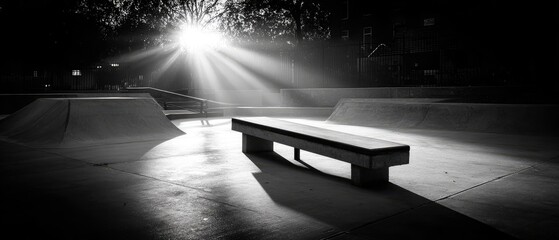 Empty concrete skatepark at night, lit by a single light