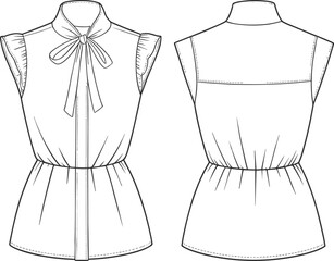 Sleeveless blouse cad drawing flat vector illustration, fashion design template, bow tie detail, front back view, garment sketch layout