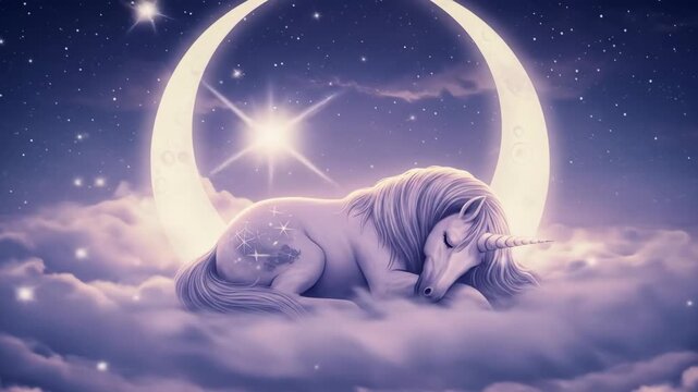 Dreamy unicorn sleeping peacefully on a cloud with a crescent moon backdrop.