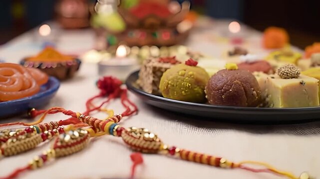Image is a vibrant and colorful still life photograph featuring a festive table setting. The layout includes a long table covered with a white table runner, adorned with various traditional Indian swe