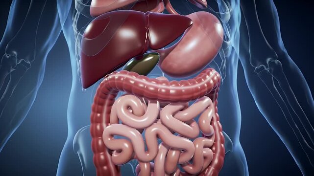 Detailed Close-Up of Human Digestive System with Stomach Intestines and Liver on Blue Gradient Background