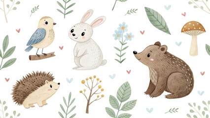 Fototapeta premium Watercolor animals forest pattern cute bear rabbit bird hedgehog mushroom leaves seamless woodland design art