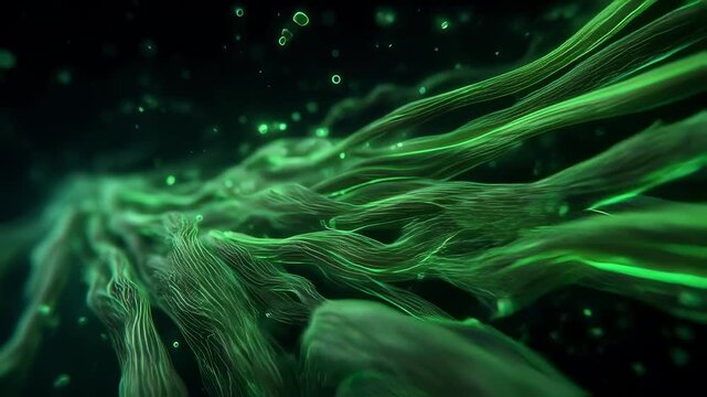 3D visualization showing rhythmic peristalsis as bright green muscle fibers contract and propel content through the digestive system.
