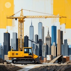 a construction scene with yellow crane and bulldozer in the foreground