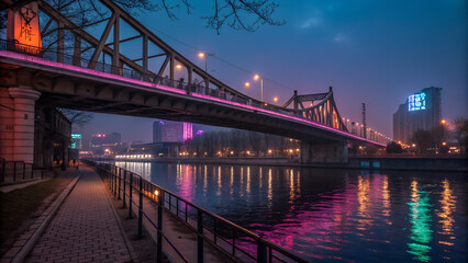 Urban lit steel bridge at night with neon accents
