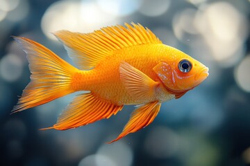 Close-up of an orange fish in profile view, fins and body details are visible,  blurred background