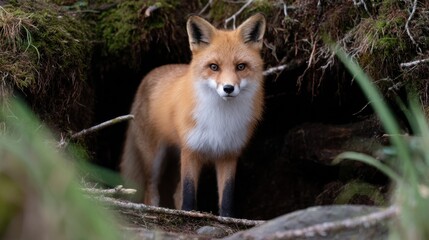 Curious red fox posing near burrow forest clearing wildlife photography natural habitat close-up animal behavior