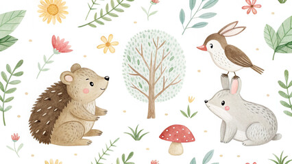 Obraz premium Watercolor woodland animals hedgehog rabbit bird tree flowers leaves cute forest illustration pattern design art