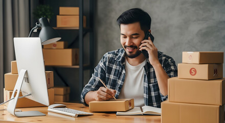 A smiling small business owner talks on the phone while writing on a cardboard box, preparing a package for shipment from his home office.