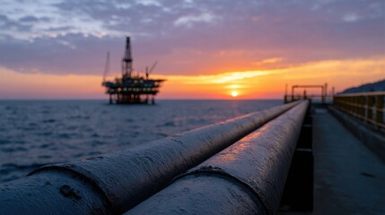 Oil rig sunset over water coastal industrial landscape scenic viewpoint tranquil environment