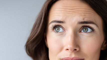 Obraz premium Worried woman face close up with forehead wrinkle and fine line. Focus on skin care and natural aging process. portrait showing emotion, concern and stress