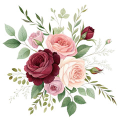 Fototapeta premium Elegant watercolor floral arrangement featuring deep red pink and cream roses with delicate green foliage isolated on transparent background