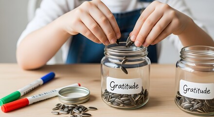 Child carefully placing sunflower seeds into labeled glass jars, a hands-on activity promoting gratitude.