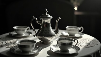 Elegant Antique Silver Teapot and Cups Set on a Lace Tablecloth under Dramatic Lighting