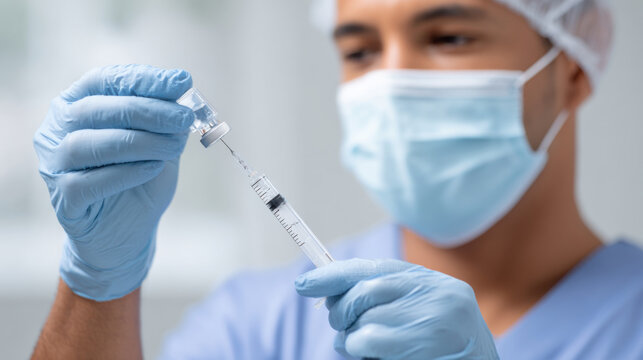 Focused doctor preparing medical syringe with filler for healthcare injection. This professional procedure requires care and precision for patient treatment