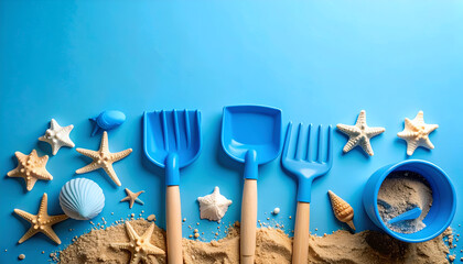 Beach toys with sand, shells, and blue background.
