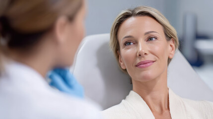Happy female patient smiling during consultation with doctor at beauty clinic. mature woman receiving advice for body shaping treatment and feeling satisfied
