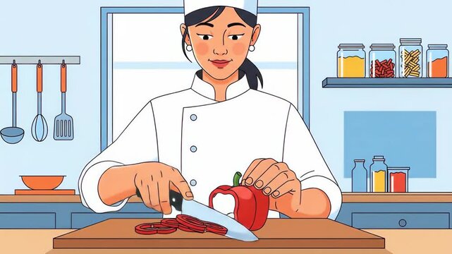 Flat vector a chef preparing food in a kitchen, professionally cutting vegetables with a knife for a healthy meal in a restaurant or culinary setting