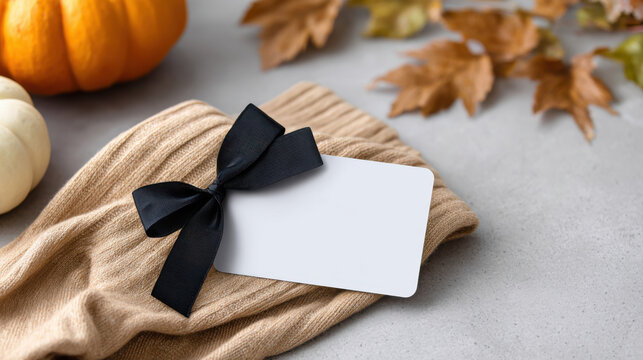 Festive halloween gift card mockup with black ribbon bow on cozy sweater. Blank autumn fall scene with orange pumpkin on simple grey background for seasonal greetings