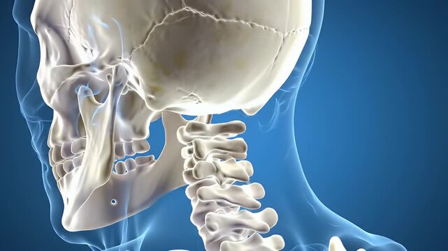 Detailed White Human Skull and Spine Side View on Gradient Blue Background Skeletal Anatomy