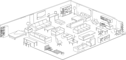 Isometric home interior floor plan, detailed apartment furniture layout, living room kitchen bedroom setup, black and white vector, modern house decor, architectural design illustration
