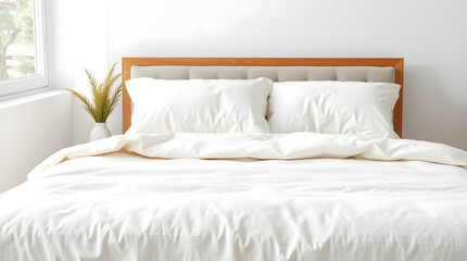 A comfortable bed with soft, natural white bedding and pillows in a bright, minimalist bedroom. Sunlit interior for a cozy morning feel.