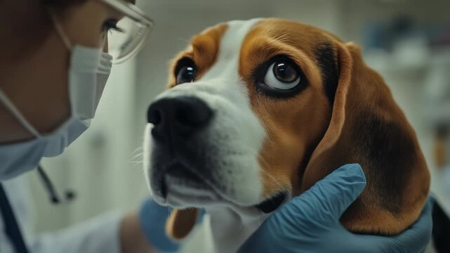 A concerned beagle with big, pleading eyes undergoes an examination at the vet. The vet is wearing a mask and blue gloves for safety.