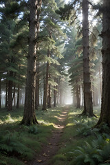 Fototapeta premium A sunlit path winds through a dense forest of tall evergreen trees, creating a serene atmosphere.