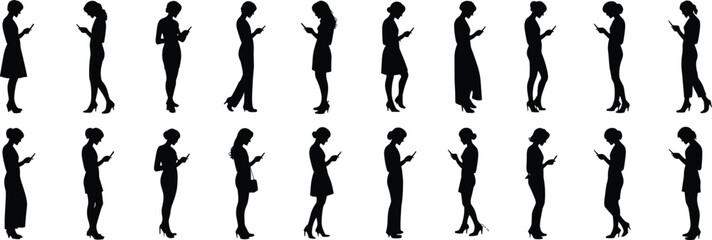 Collection of Diverse Female Silhouettes Using Mobile Phones: Communication, Technology, Connectivity, Modern Lifestyle, Social Media, Digital Device, People