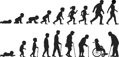 Naklejka premium Silhouette of human life stages, baby to elderly, growing process, age timeline, aging concept, development evolution, flat vector illustration