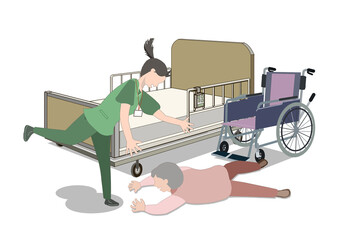 老人が介護用ベットの前で車椅子から転倒してしまった事故のイラスト