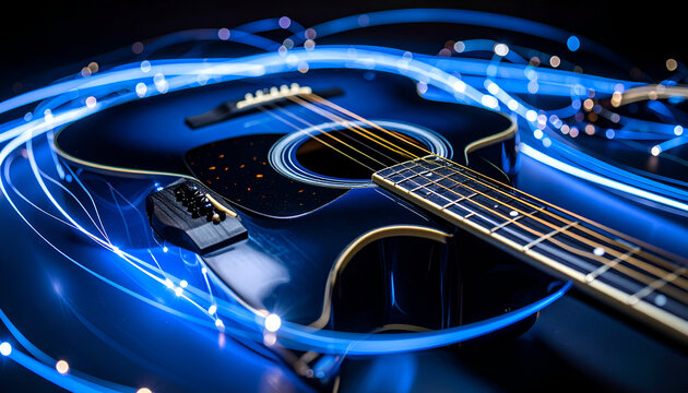 Blue Acoustic Guitar Light Trails. - Powered by Adobe