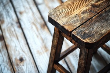 Close-up of weathered wooden stool on light-colored wooden floor