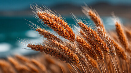 Golden wheat ears swaying in coastal breeze, close-up of ripe grain field by the sea.
