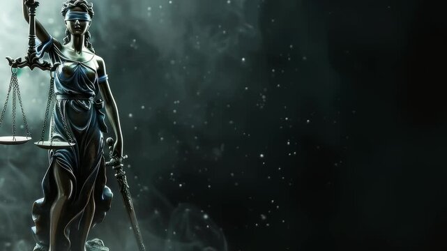 Themis, Lady Justice, stands blindfolded, holding scales and a sword. A symbol of law and order, she represents fairness and impartiality in the legal system.