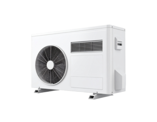 White HVAC unit set outside providing climate control with a seamless plain black background