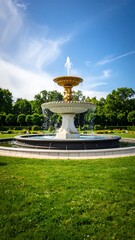 Park fountain under a blue sky