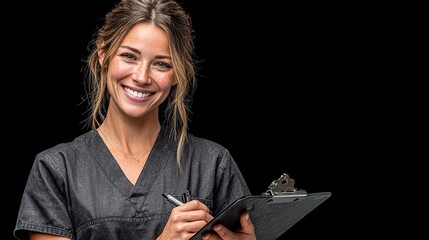A smiling woman in grey scrubs writes on a clipboard, against a stark black backdrop, friendly & professional