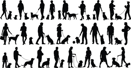 Silhouettes of people walking dogs, pet training, outdoor walk, leash control, animal care, dog owner lifestyle, flat vector illustration