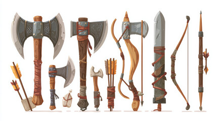 Viking game props icons, medieval battle axe, mace and drink horn, helmet, sword, shield and beer tankard. Scandinavian nordic warrior weapon and ui rpg game design assets, Cartoon vector elements set