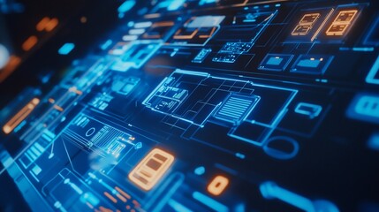 Futuristic Blueprint Display with Blue and Orange Accents for Technology